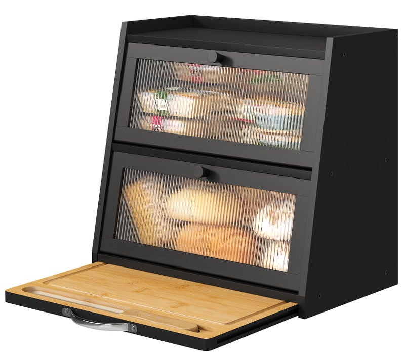 viewcare Bread Box for Kitchen Counter, Black Bread Box With Cutting Board, Bamboo Wood Large Capacity Bread Storage Bin with Acrylic Wavy Door Panel - Image 1