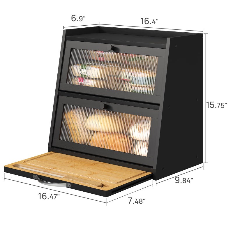 viewcare Bread Box for Kitchen Counter, Black Bread Box With Cutting Board, Bamboo Wood Large Capacity Bread Storage Bin with Acrylic Wavy Door Panel - Image 5