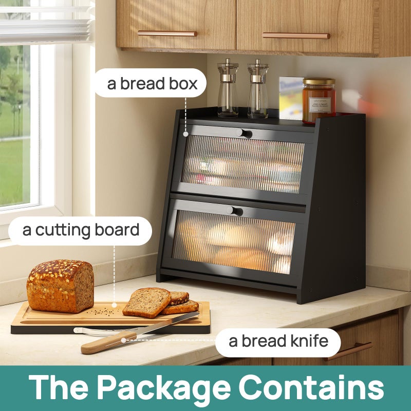 viewcare Bread Box for Kitchen Counter, Black Bread Box With Cutting Board, Bamboo Wood Large Capacity Bread Storage Bin with Acrylic Wavy Door Panel - Image 2