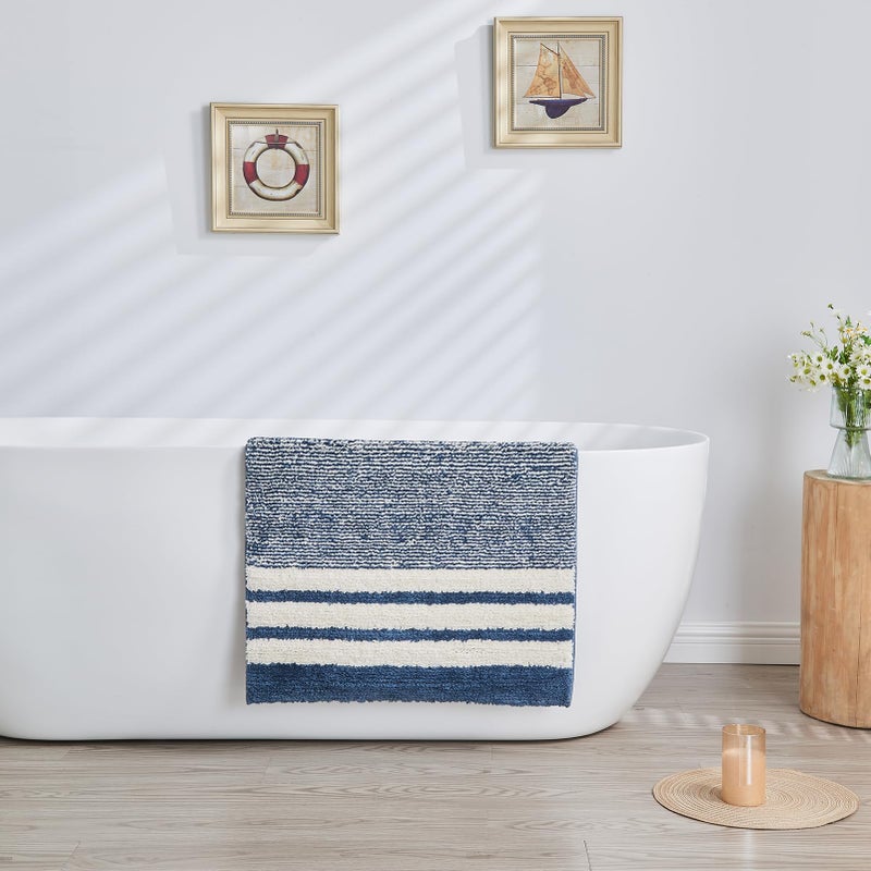 CozeCube CozeCube Blue Striped Bath mats for Bathroom Non Slip  Fluffy Absorbent Microfiber Bath mat Washable  Aesthetic Bathroom Rugs  Cute Bath mat for Sink  20"" x 32"" - Image 1