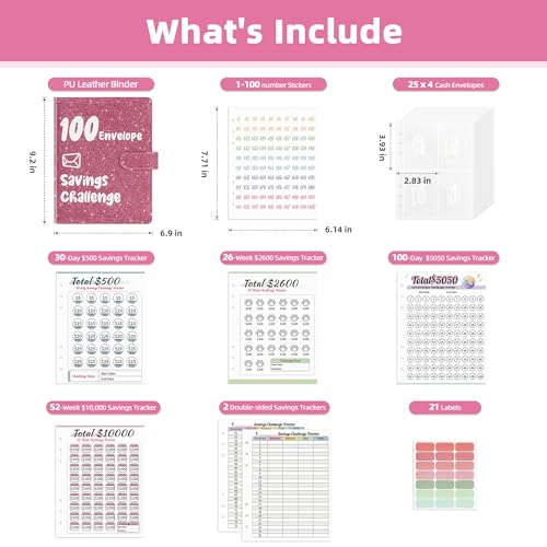 Ospelelf 100 Envelopes Money Saving Challenge Book 52 Week Budget Binder with Cash Envelopes to Save $10,000, Glitter Pink - Image 2