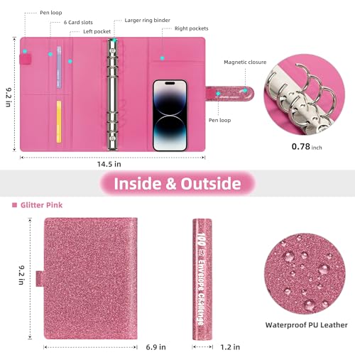 Ospelelf 100 Envelopes Money Saving Challenge Book 52 Week Budget Binder with Cash Envelopes to Save $10,000, Glitter Pink - Image 3