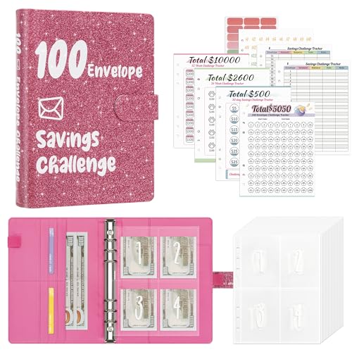 Ospelelf 100 Envelopes Money Saving Challenge Book 52 Week Budget Binder with Cash Envelopes to Save $10,000, Glitter Pink - Image 1