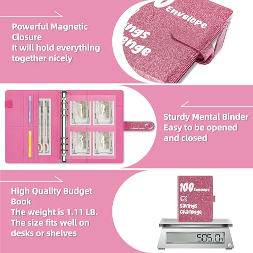 Ospelelf 100 Envelopes Money Saving Challenge Book 52 Week Budget Binder with Cash Envelopes to Save $10,000, Glitter Pink - Image 4