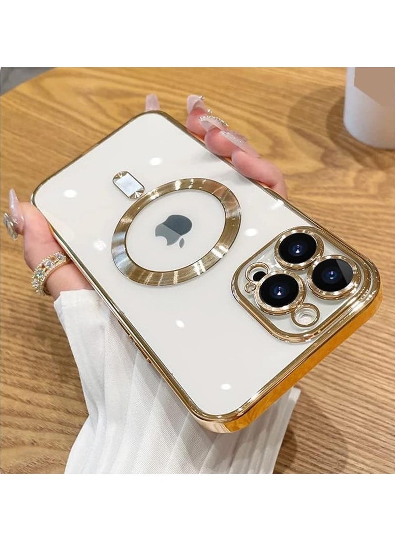 Raxoom Magnetic Case for iPhone 14 Pro Max Case [Compatible with MagSafe] Camera Lens Protector Plating Luxury Cover for Women Men Clear Soft TPU Shockproof Protective Phone Case - Gold - Image 3