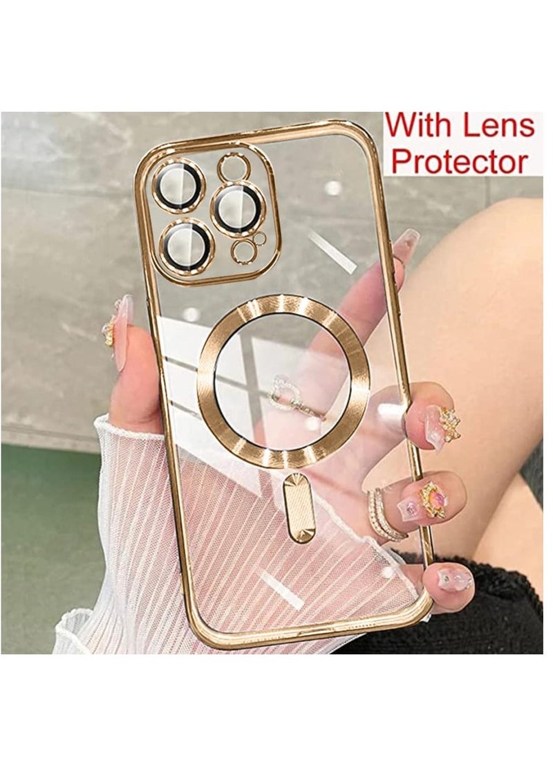 Raxoom Magnetic Case for iPhone 14 Pro Max Case [Compatible with MagSafe] Camera Lens Protector Plating Luxury Cover for Women Men Clear Soft TPU Shockproof Protective Phone Case - Gold - Image 2