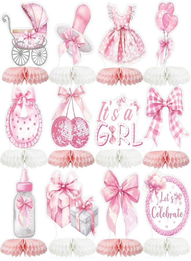 Tarklanda 12 Pcs Pink Bow Baby Shower Party Honeycomb Centepieces Bow Coquette Birthday Table Decor 3D Table Topper,Pregnancy Announcement Gender Reveal Baby Birthday Party Supplies - Image 1