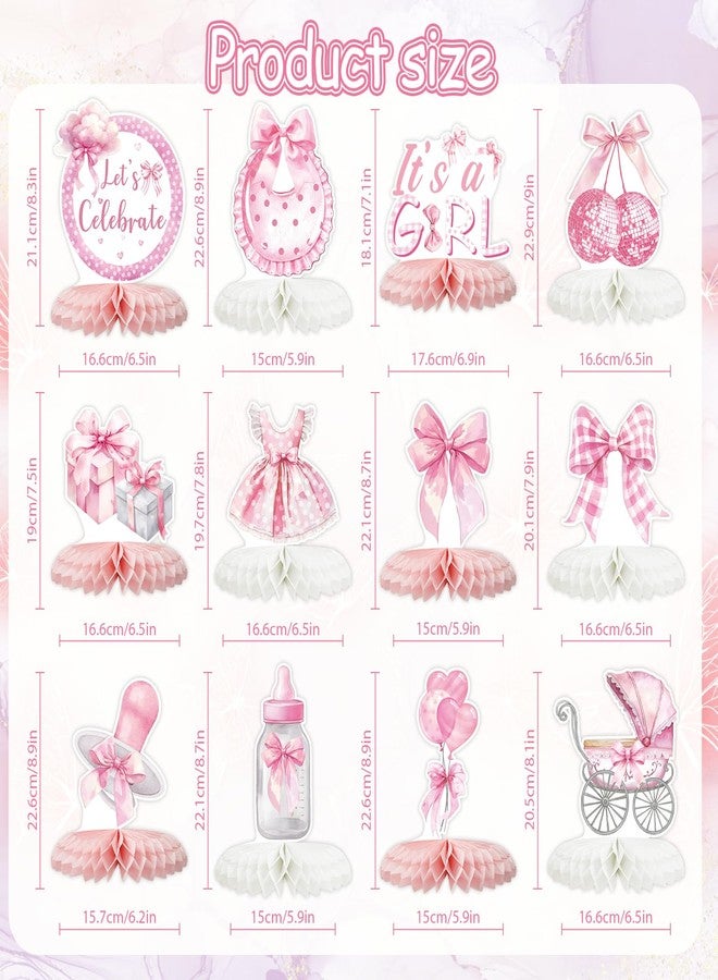 Tarklanda 12 Pcs Pink Bow Baby Shower Party Honeycomb Centepieces Bow Coquette Birthday Table Decor 3D Table Topper,Pregnancy Announcement Gender Reveal Baby Birthday Party Supplies - Image 2