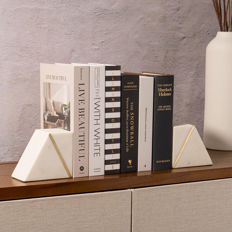 Cork & Mill Marble Book Ends For Shelves  Decorative Bookends For Heavy Books  Unique Mid Century Modern White And Gold Bookends With Brass Inlay  Heavy Duty Bookshelf Stopper  Set Of 2 - Image 2