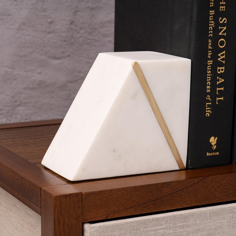 Cork & Mill Marble Book Ends For Shelves  Decorative Bookends For Heavy Books  Unique Mid Century Modern White And Gold Bookends With Brass Inlay  Heavy Duty Bookshelf Stopper  Set Of 2 - Image 5