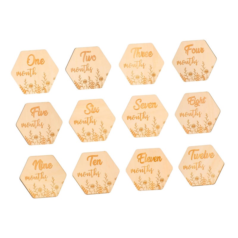 Wooden Hexagonal Milestone Cards 12pcs Floral Growth Photo Props Newborn Monthly Tracking - Image 2