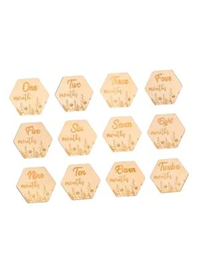 Wooden Hexagonal Milestone Cards 12pcs Floral Growth Photo Props Newborn Monthly Tracking - Image 1