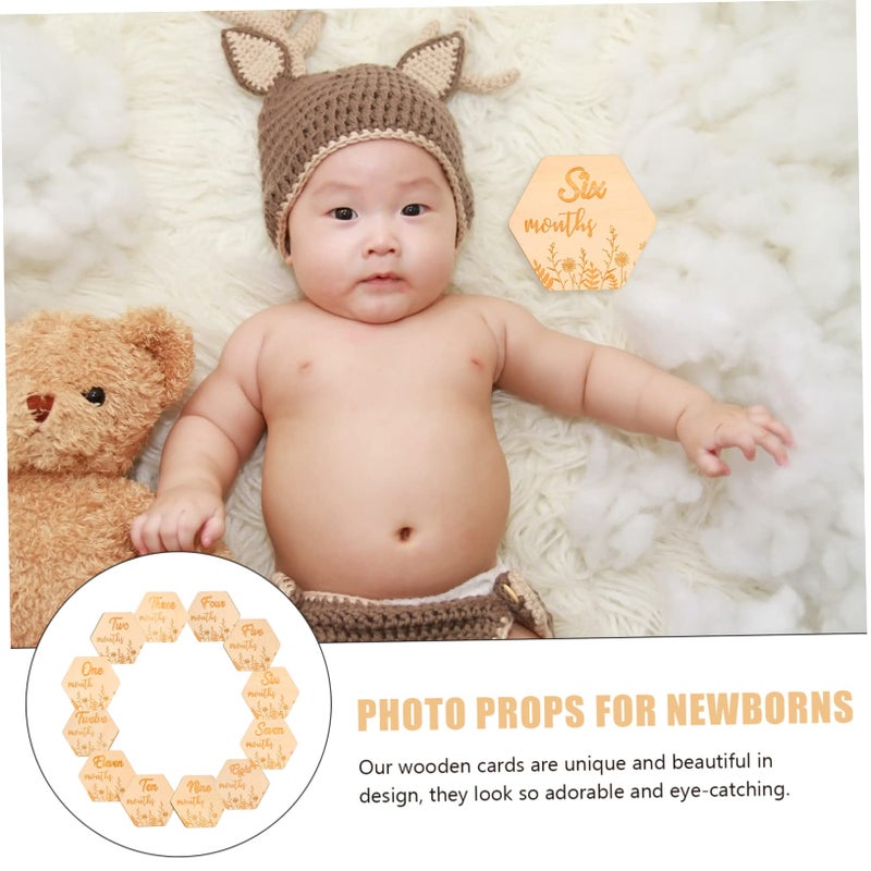 Wooden Hexagonal Milestone Cards 12pcs Floral Growth Photo Props Newborn Monthly Tracking - Image 5