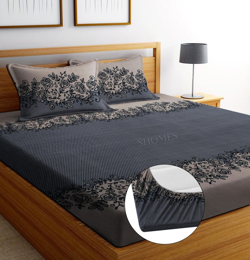 SHOMES Cotton Glace Cotton Floral Elastic Fitted Bedsheet with 2 King Size Pillow Covers | Double Bed with All Around Elastic, Fits Upto 8 Inches Mattress, Size 72 x 78 Inches (Coffee) 250 TC - Image 1