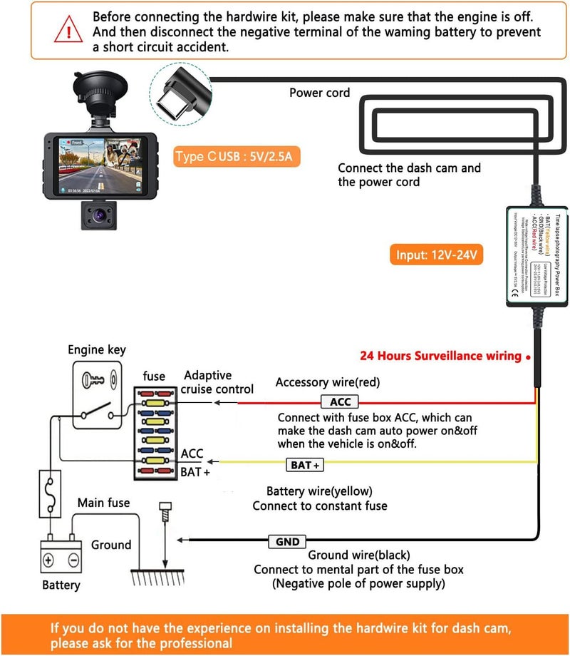 Gebildet Type C USB Port Dash Cam Hardwire Kit for 24H Parking Monitor/Time-Lapse Recording Converts 12V-24V to 5V/2.5A Car Dash Camera Charger 320cm Cable Kit, Low Voltage Protection - Image 3