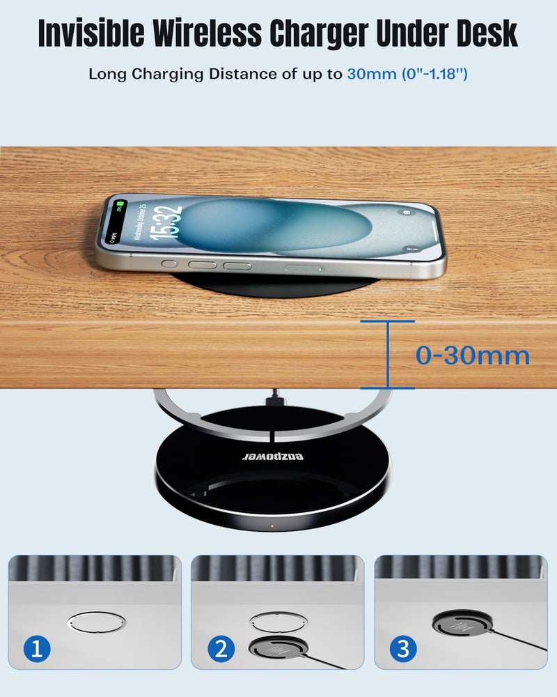 Eazpower Invisible Wireless Charger, 0-30mm Under Desk Wireless Charger, Dual Uses On or Hidden Under Table Charging Pad for Nightstand for iPhone 17/17 Pro/17 Pro Max/17 Air/16/15/14/Samsung Phone - Image 2