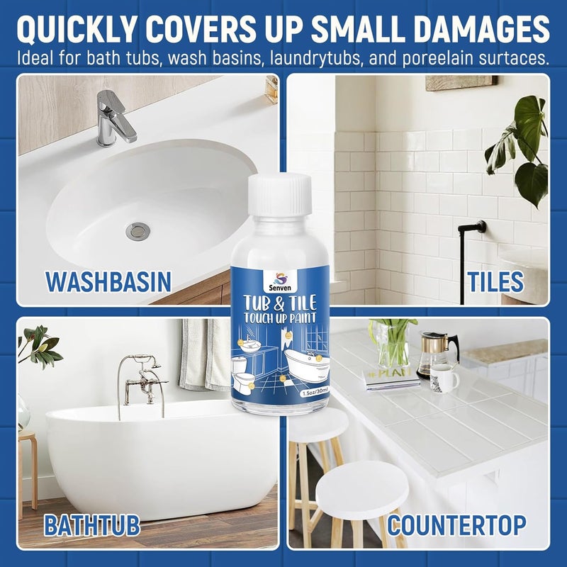 SENVEN Tub and Tile Touch Up Paint Kit - High-Gloss White Porcelain Paint for Scratches & Chips on Tubs, Tiles, Sinks, Toilets Bathtubs White Repair Acrylic, Enamel Quick-Dry, 2Pack - Image 3