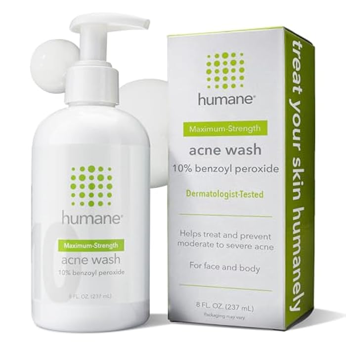 humane Benzoyl Peroxide Acne Body Wash - 10% Maximum-Strength Face, Skin, Butt, and Back Acne Treatment - 8 Fl Oz - Dermatologist-Tested Non-Foaming Acne Face Wash Cleanser - Vegan, Cruelty-Free - Image 1