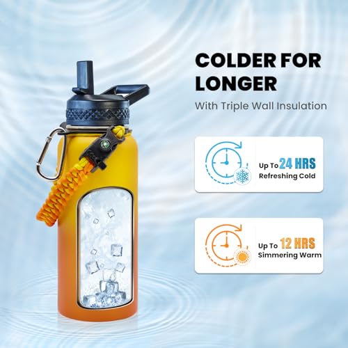 RAYMYLO Insulated Water Bottle 32 oz Triple Wall Vacuum Stainless Steel Cold for 24Hrs Hot for 12Hrs Leak Proof NonBPA Modern Water Flask Jug with Paracord Handle Straw Spout Lids - Image 3