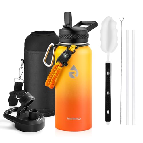 RAYMYLO Insulated Water Bottle 32 oz Triple Wall Vacuum Stainless Steel Cold for 24Hrs Hot for 12Hrs Leak Proof NonBPA Modern Water Flask Jug with Paracord Handle Straw Spout Lids - Image 1