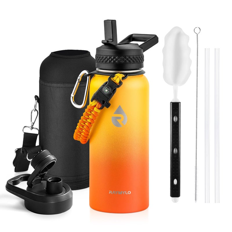 RAYMYLO Insulated Water Bottle 32 oz Triple Wall Vacuum Stainless Steel Cold for 24Hrs Hot for 12Hrs Leak Proof NonBPA Modern Water Flask Jug with Paracord Handle Straw Spout Lids - Image 2