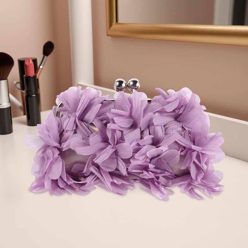 Purple Floral Evening Clutch Bag With Chain Strap For Women Wedding Party - Image 4