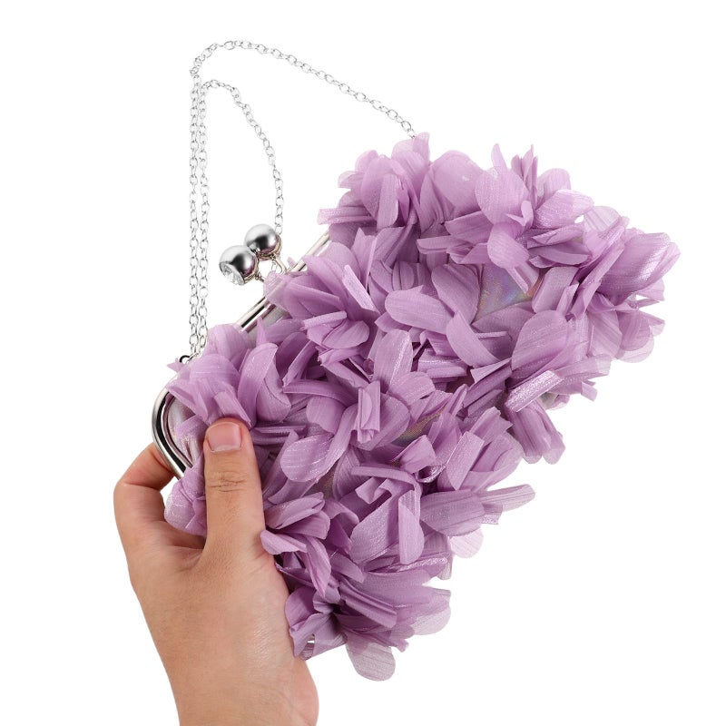 Purple Floral Evening Clutch Bag With Chain Strap For Women Wedding Party - Image 3