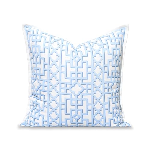 Hofdeco Premium Grandmillennial Coastal Hampton Patio Indoor Outdoor Throw Pillow Cover Only 20x20 Water Repellent for Backyard Couch Poolside Baby Blue Print Fretwork Trellised Screen - Image 1