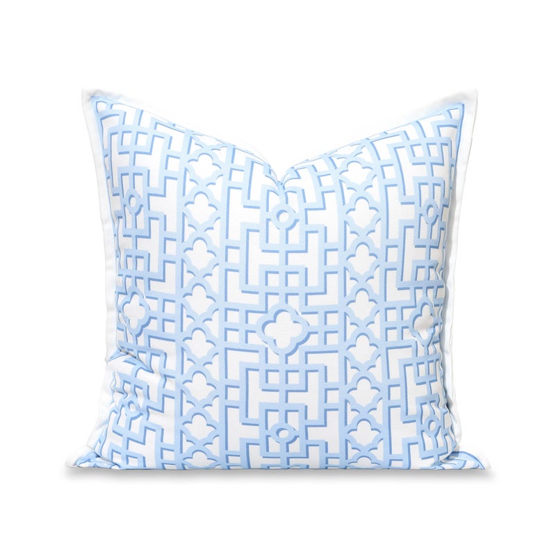 Hofdeco Premium Grandmillennial Coastal Hampton Patio Indoor Outdoor Throw Pillow Cover Only 20x20 Water Repellent for Backyard Couch Poolside Baby Blue Print Fretwork Trellised Screen - Image 2