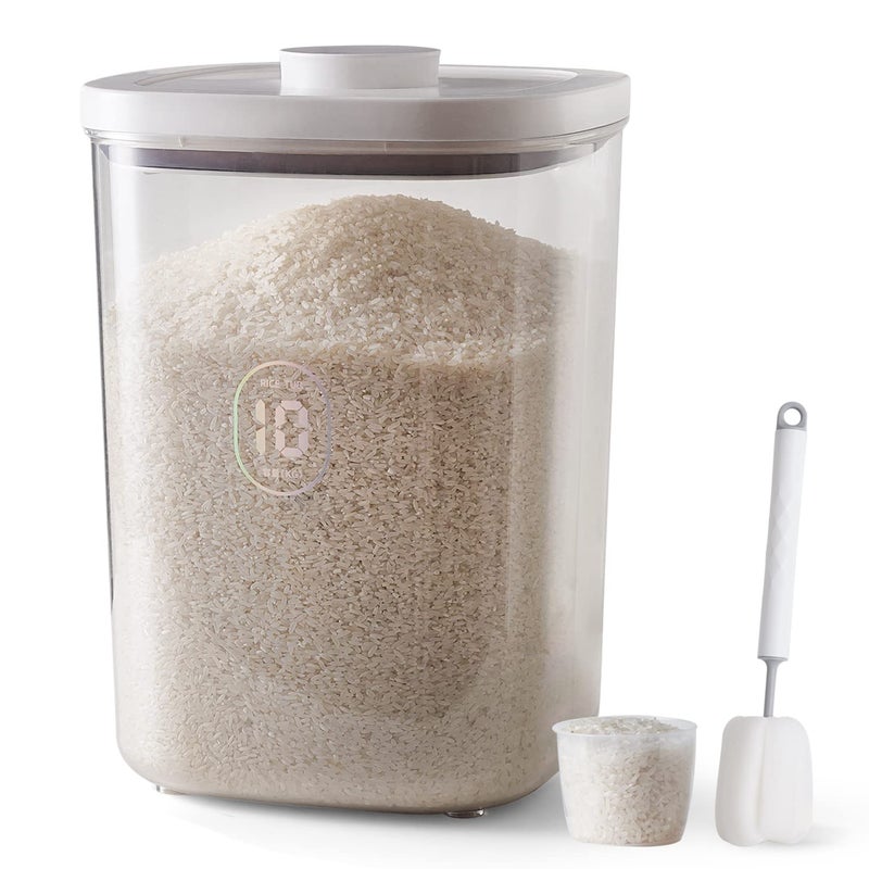 LivLab 20-25 lbs Rice Dispenser,10.5 Qt/10 L/22-25 lbs Rice Container Storage with Measuring Cup & Brush Food Cereal Container Bins Household for Kitchen Pantry Organization (AY-10KG-WHITE) - Image 1
