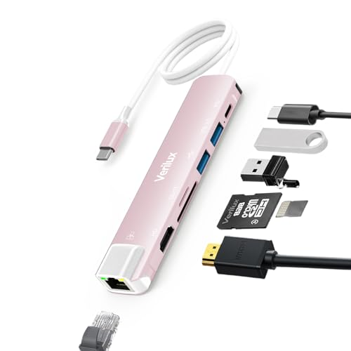 Verilux® USB Hub for Laptop with Ethernet RJ45 7 in 1 USB Type C Hub with 4K@60Hz HDMI for Nintendo Switch 2 SD/TF Card Reader PD Charge Multi USB 3.0 Port for MacBook iPhone with 24CM Cable [Pink] - Image 1