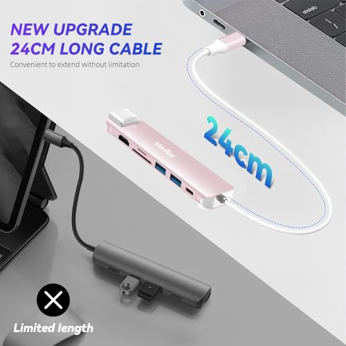 Verilux® USB Hub for Laptop with Ethernet RJ45 7 in 1 USB Type C Hub with 4K@60Hz HDMI for Nintendo Switch 2 SD/TF Card Reader PD Charge Multi USB 3.0 Port for MacBook iPhone with 24CM Cable [Pink] - Image 3