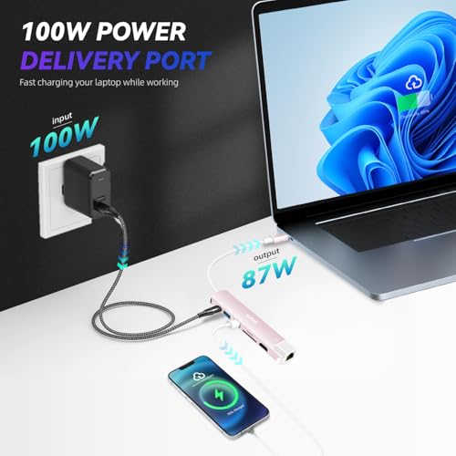 Verilux® USB Hub for Laptop with Ethernet RJ45 7 in 1 USB Type C Hub with 4K@60Hz HDMI for Nintendo Switch 2 SD/TF Card Reader PD Charge Multi USB 3.0 Port for MacBook iPhone with 24CM Cable [Pink] - Image 4