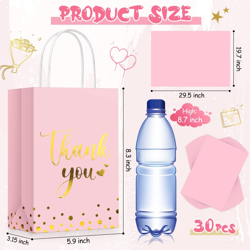 Tinlade 30 Pcs Thank You Gift Bags with Tissue Paper Gold Thank You Wedding Bags with Handle for Graduation Business Shopping Wedding Shower Party Favors(Pink) - Image 3