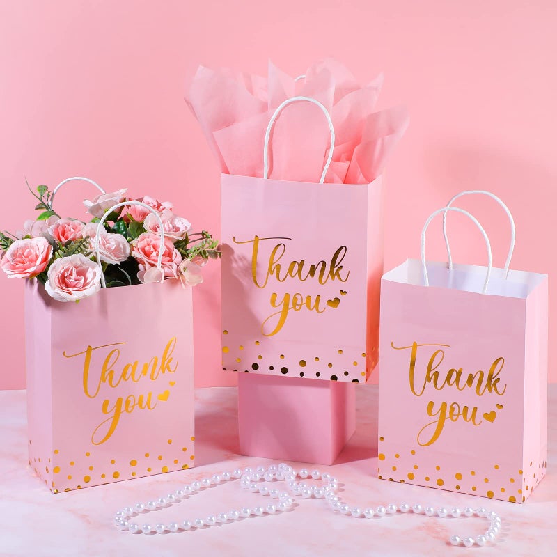 Tinlade 30 Pcs Thank You Gift Bags with Tissue Paper Gold Thank You Wedding Bags with Handle for Graduation Business Shopping Wedding Shower Party Favors(Pink) - Image 2