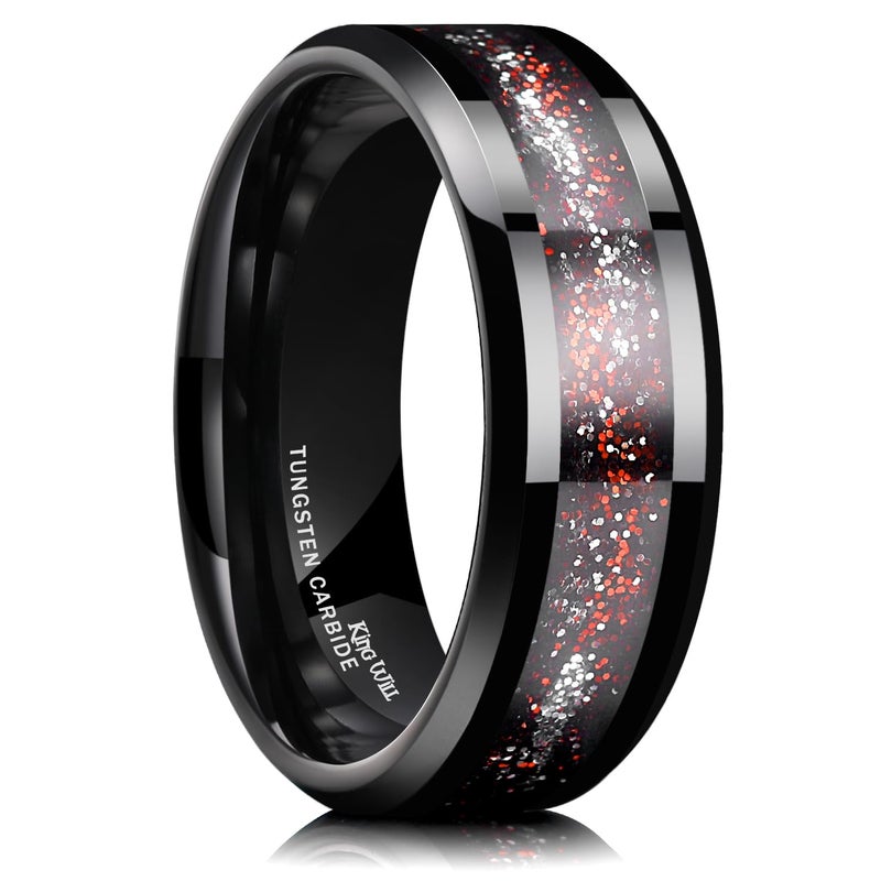 King Will 8mm Black and Sparkles Wedding Band for Men, Beveled Polished Edge Tungsten Rings for Men Women, Comfort Fit, Durable, Size 10 - Image 1