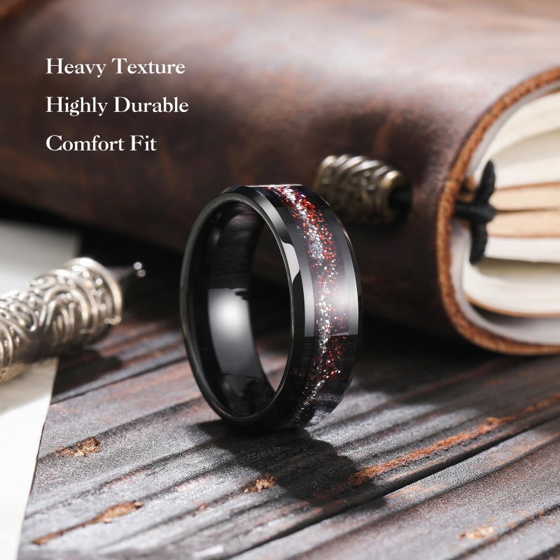 King Will 8mm Black and Sparkles Wedding Band for Men, Beveled Polished Edge Tungsten Rings for Men Women, Comfort Fit, Durable, Size 10 - Image 3