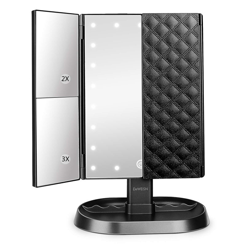 deweisn Trifold Lighted Vanity Makeup Mirror with 21 LEDs Lights1x2x3x Magnification and Touch Screen DimmingTwo Power Supplies Makeup Mirror Gift for Women