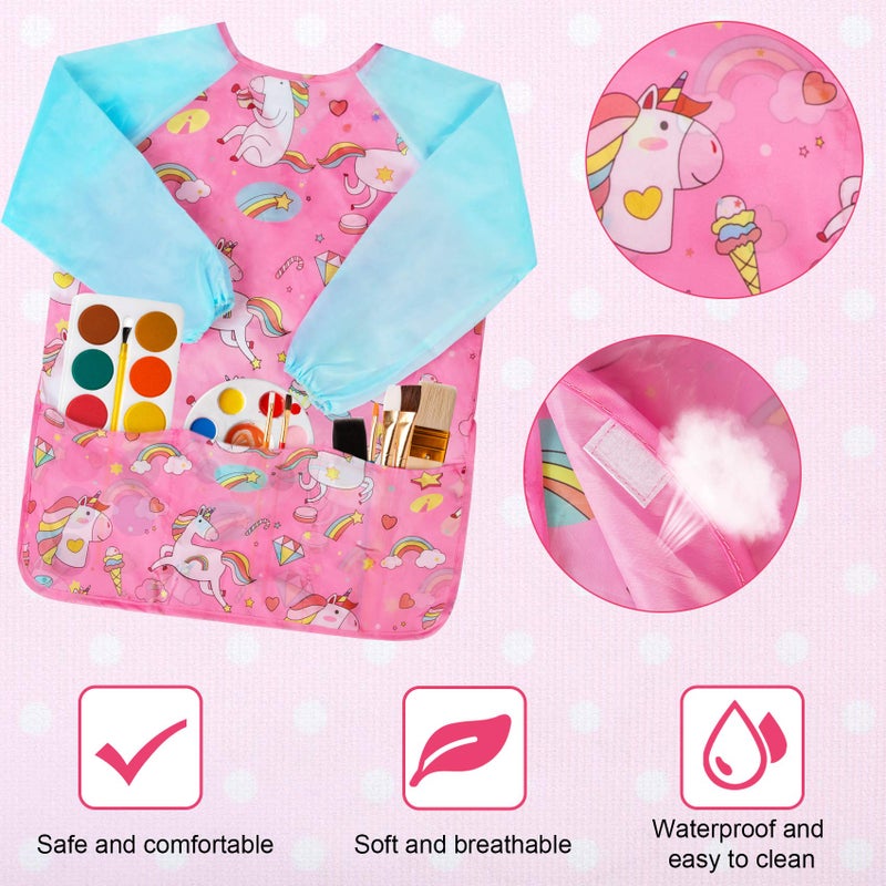 Bassion Smocks for Kids, Toddler Art Smock Artist Painting Aprons Waterproof Long Sleeve with 3 Pockets for Age 2-6 Years(Azure Pink) - Image 4
