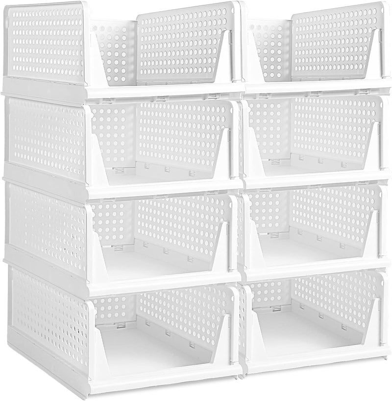JEYANG Stackable Wardrobe Organizer for Clothes - Multipurpose Foldable Plastic Closet Storage Cupboard for Home Kitchen, Bedroom (Pack of 8, White) - Image 1
