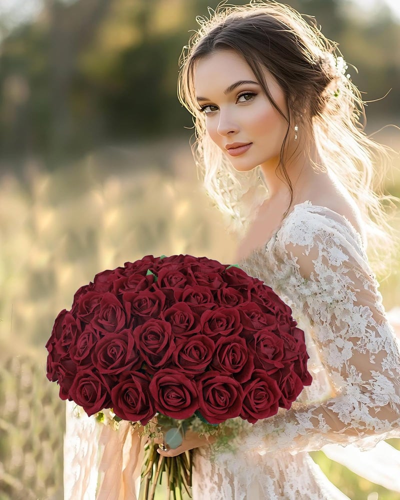 Coferset 50pcs Burgundy Artificial Roses Flowers in Bulk,Velvet Fake Rose with Long Stem Realistic Artificial Roses for Wedding Bouquets, DIY Centerpieces, Romantic Home & Party Decorations - Image 5