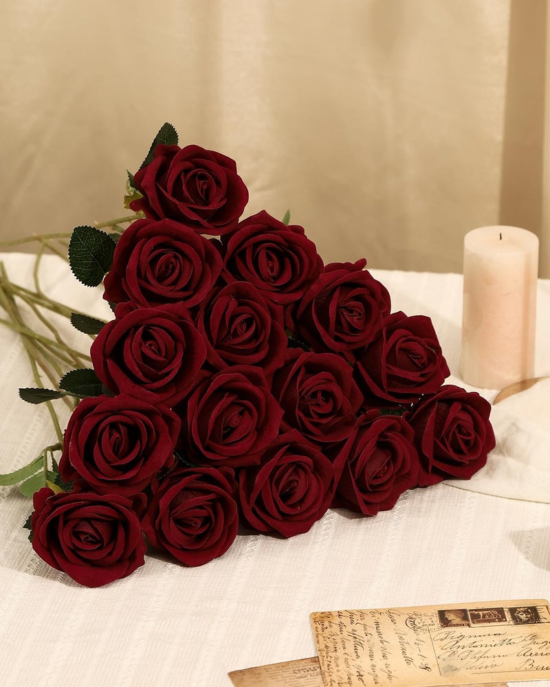 Coferset 50pcs Burgundy Artificial Roses Flowers in Bulk,Velvet Fake Rose with Long Stem Realistic Artificial Roses for Wedding Bouquets, DIY Centerpieces, Romantic Home & Party Decorations - Image 4