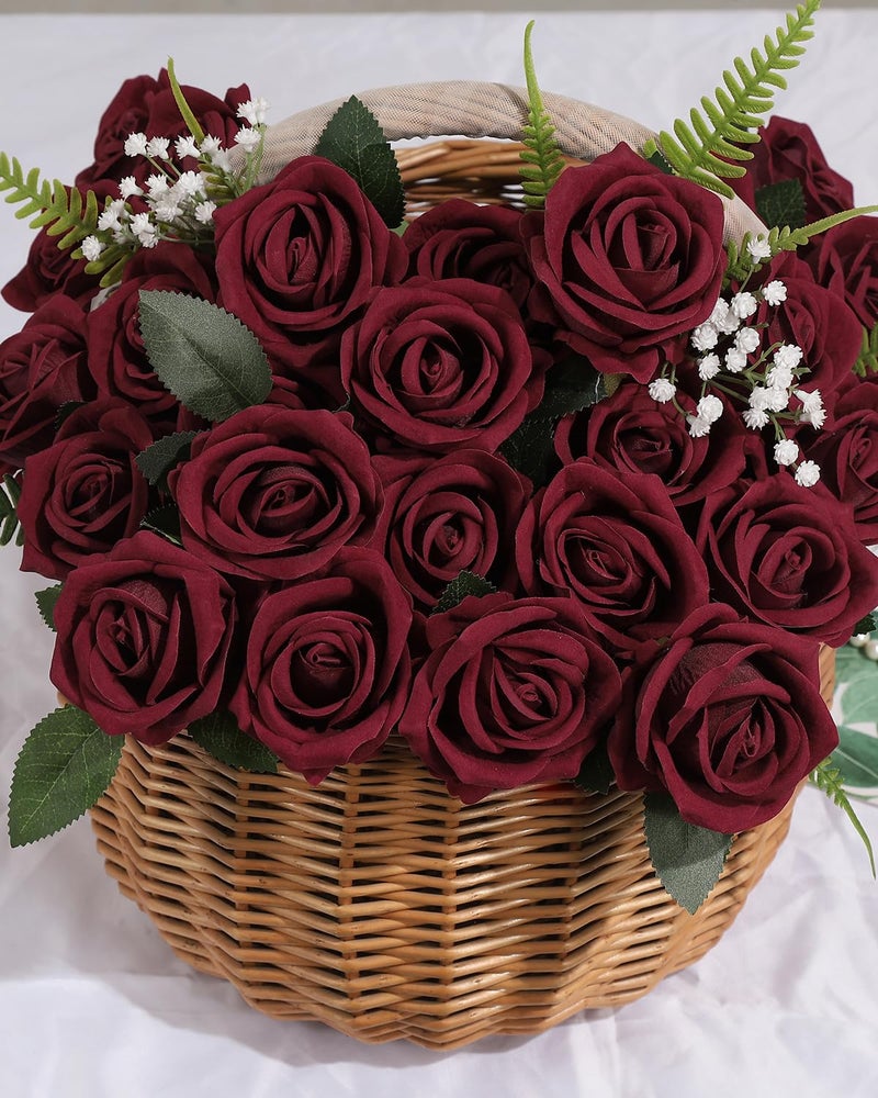Coferset 50pcs Burgundy Artificial Roses Flowers in Bulk,Velvet Fake Rose with Long Stem Realistic Artificial Roses for Wedding Bouquets, DIY Centerpieces, Romantic Home & Party Decorations - Image 2