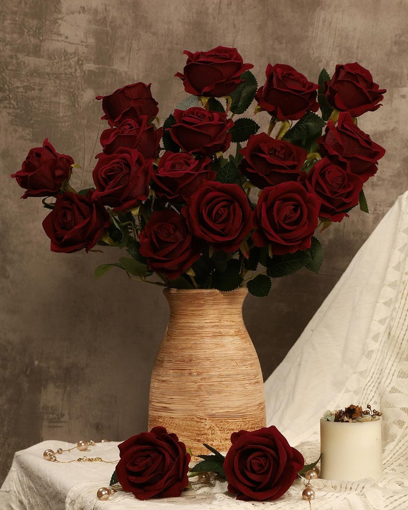 Coferset 50pcs Burgundy Artificial Roses Flowers in Bulk,Velvet Fake Rose with Long Stem Realistic Artificial Roses for Wedding Bouquets, DIY Centerpieces, Romantic Home & Party Decorations - Image 3