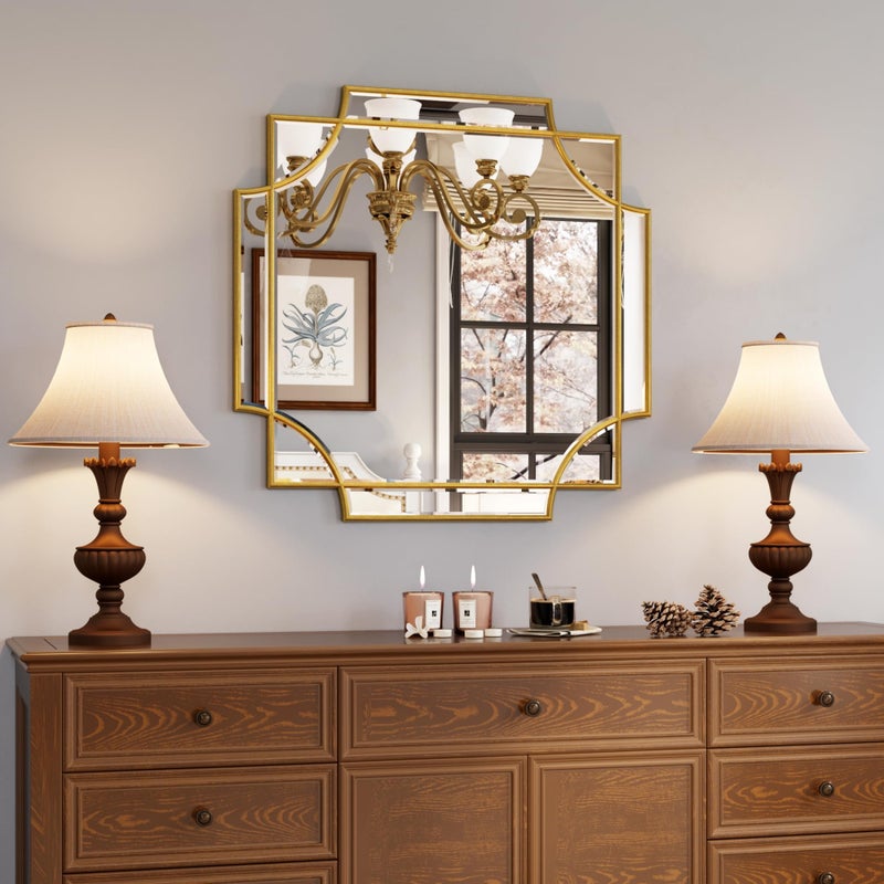 Kelly Miller Gold Framed Mirror for Wall, 26"x26" Gold Square Vanity Mirror Decorative Mirror Beveled Wall Decor for Bathroom Powder Room Living Room Bedroom Bedside Table Entryway Hallway - Image 1