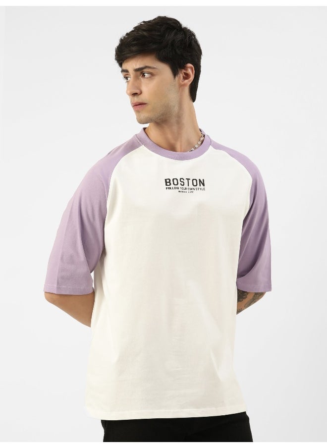 Maniac Mens Printed Round Neck Ragalan 3/4th Sleeve White and Purple Cotton Oversized Tshirt  - Image 3