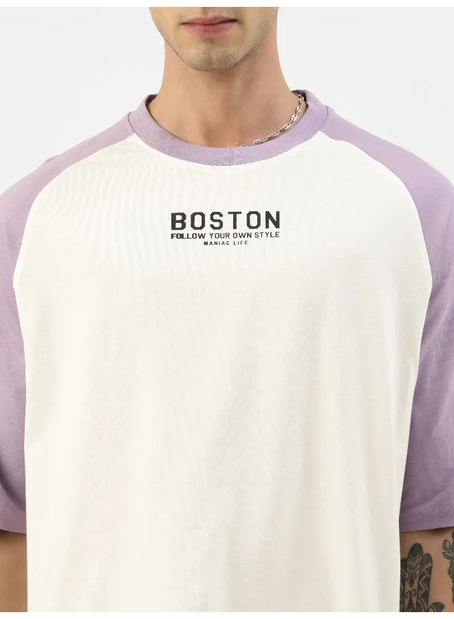 Maniac Mens Printed Round Neck Ragalan 3/4th Sleeve White and Purple Cotton Oversized Tshirt