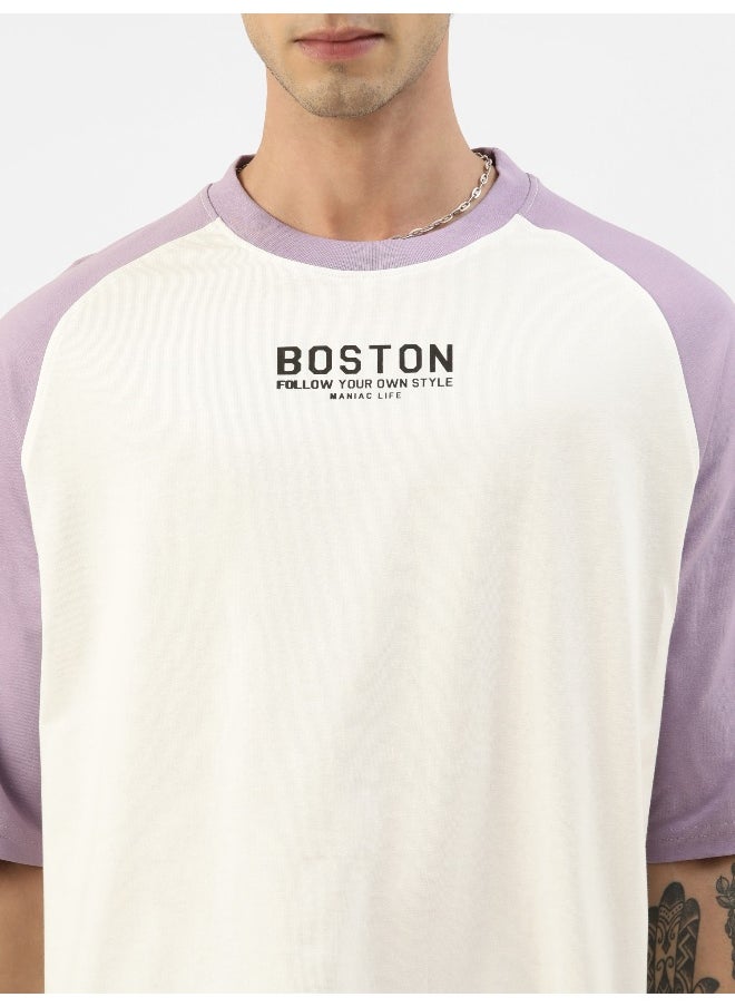Maniac Mens Printed Round Neck Ragalan 3/4th Sleeve White and Purple Cotton Oversized Tshirt  - Image 5