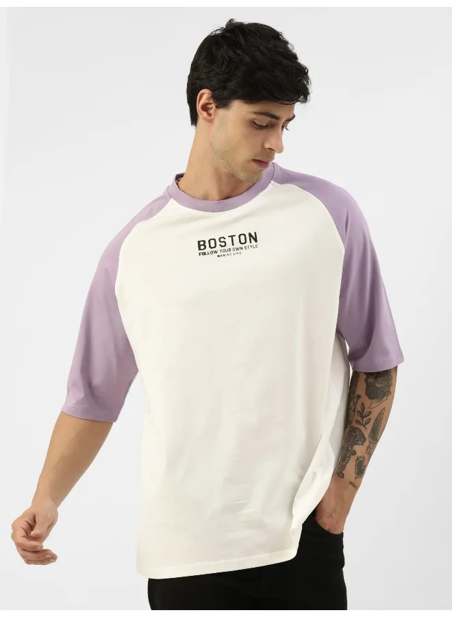 Maniac Mens Printed Round Neck Ragalan 3/4th Sleeve White and Purple Cotton Oversized Tshirt