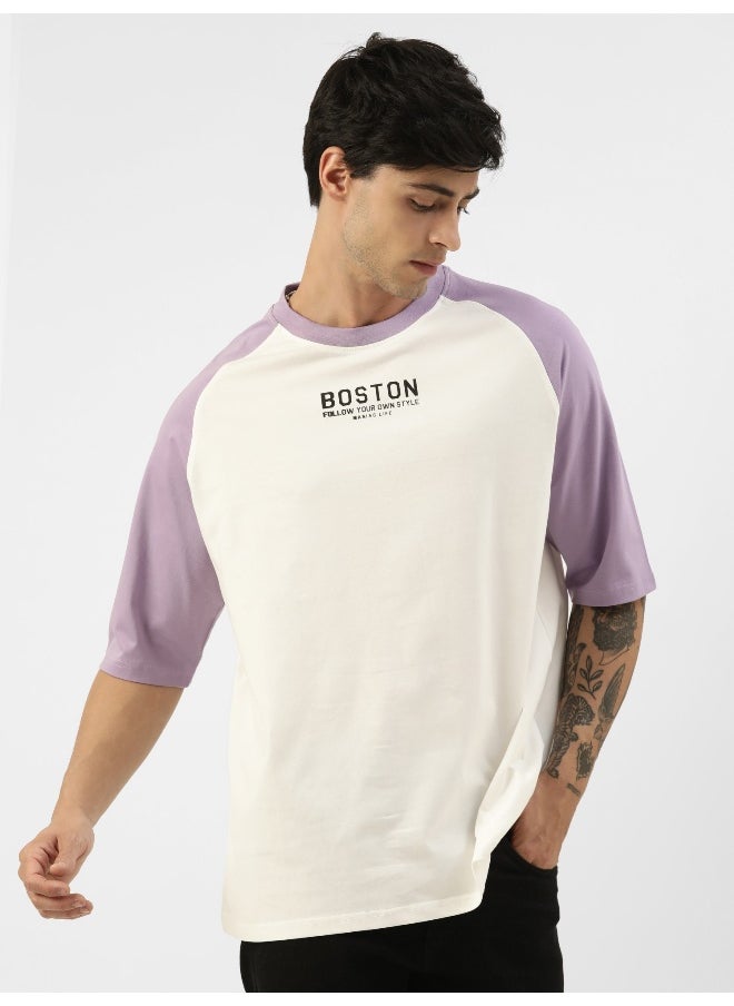 Maniac Mens Printed Round Neck Ragalan 3/4th Sleeve White and Purple Cotton Oversized Tshirt  - Image 4